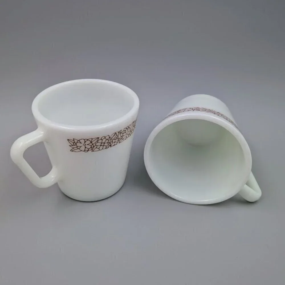 Retro Vibe: Pair of Vintage Pyrex Woodland Brown Coffee Mugs - 1970s Milk Glass